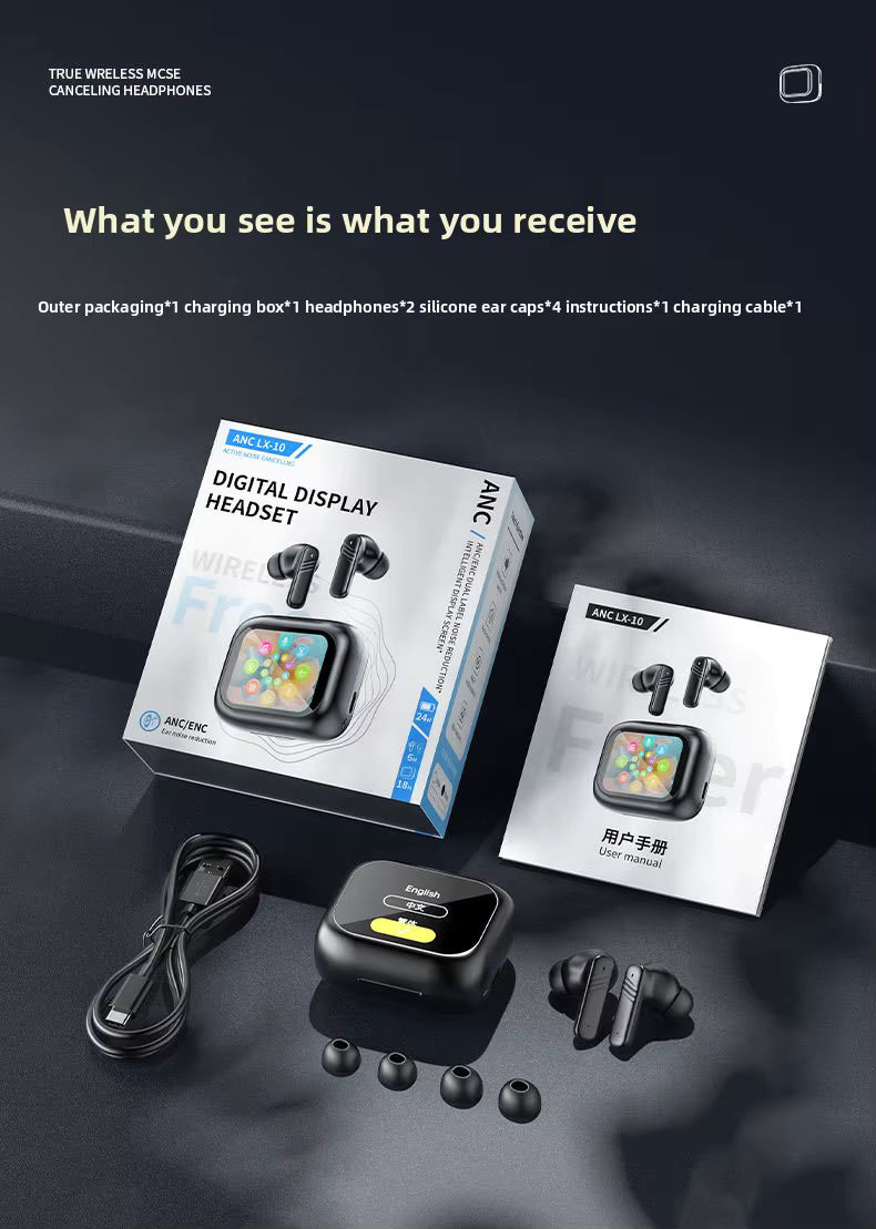 Wireless earbuds with AI translating feature and digital display