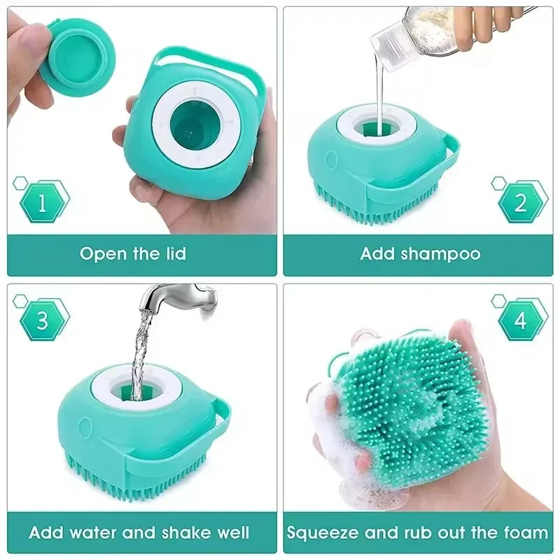 Pet Bath & Massage Brush – Built-In Shampoo Dispenser